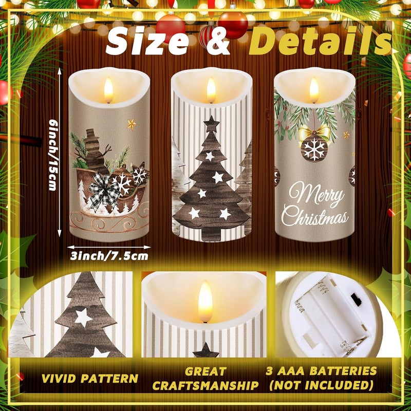 ROCEEI Store 3 Pcs Christmas Flameless Candles Winter Farmhouse Style Battery Operated LED Candles Christmas Rustic Pillar Flickering Real Wax Decorations for Indoor Table Decor Xmas Gifts Holiday Party - Image 2